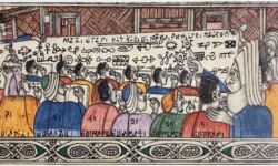 Between 1896 & 1910 King Njoya's script evolved from a pictographic system to a partially alphabetic syllabic script, designed to represent all the sounds in the Bamum language of the Shü-mom people. This drawing shows him demonstrating the script to a group of his ministers. Photo copyright the Incunabula Group. Please do not reuse without permission. Bamum script demonstration