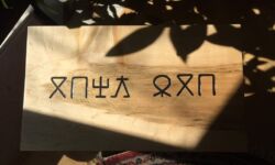"Save our language" in Zaghawa using the Beria script. Carving and photo by Tim Brookes. Beria carving
