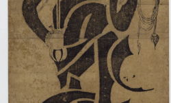 Woodblock print, diptych. Buddhist temple print, Fudo Myo-o standing with sword and rope, body formed from the seed characters (Siddham script) of his mantra.
Sumizuri-e on paper. British Museum image AN594519001. source : www.britishmuseum.org/research British Museum Siddham image