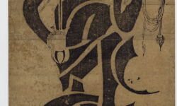 Woodblock print, diptych. Buddhist temple print, Fudo Myo-o standing with sword and rope, body formed from the seed characters (Siddham script) of his mantra.
Sumizuri-e on paper. British Museum image AN594519001. source : www.britishmuseum.org/research British Museum Siddham image