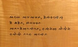 Lontara carving by Tim Brookes, of the Endangered Alphabets Poem: "These are our words, shaped/By our hands, our tools,/Our history. Lose them/And we lose ourselves."
Phonetically rendered from the Bugis, this would be read as "Iyye ada-adata, ripakaleppu ri jarita, pakkakasa' ta atoriolotta, naikiya lennye' ni na lennye' tona aletta." Lontara carving by Tim Brookes