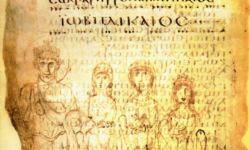 Job and his daughter from folio 4v of Biblioteca Vittorio Emanuele III. Image from Wikipedia. Job and his daughter