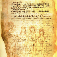 Job and his daughter from folio 4v of Biblioteca Vittorio Emanuele III. Image from Wikipedia. Job and his daughter