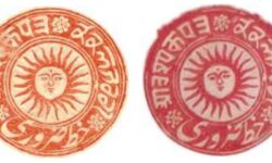 Stamp for expedited mail in Jammu in three scripts: Takri (for the Dogra language), Persian (Urdu), and Devanagari (Hindu). Image donated by Rajeshwar Sharma Makhnotra. Stamp for expedited mail in Jammu in three scripts