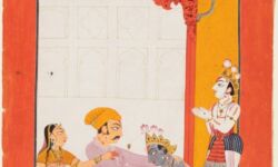 Painted miniature from the Jammu region, showing Krishna and Balarama touching the feet of Vasudeva and Devaki. Note the Takri text along the top. Image donated by Rajeshwar Sharma Makhnotra. Painted miniature from the Jammu region