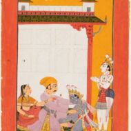 Painted miniature from the Jammu region, showing Krishna and Balarama touching the feet of Vasudeva and Devaki. Note the Takri text along the top. Image donated by Rajeshwar Sharma Makhnotra. Painted miniature from the Jammu region